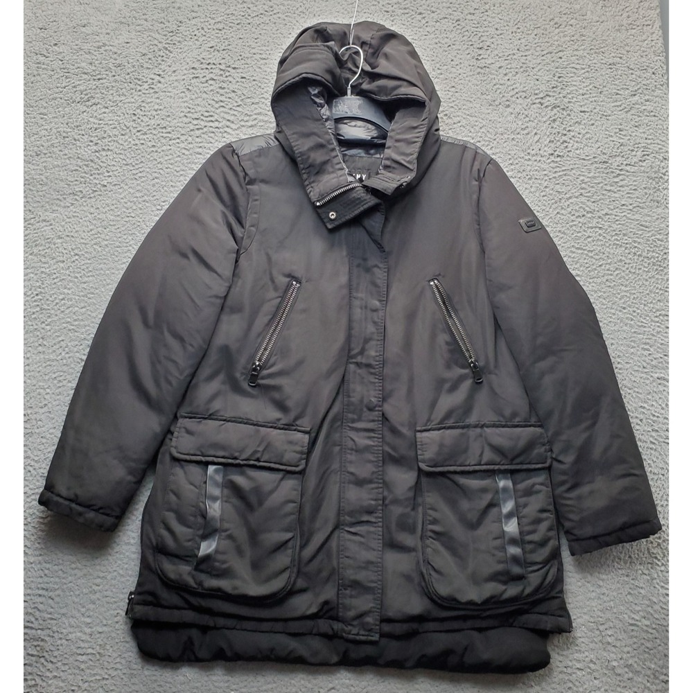 DKNY Jacket Women XL Black Lined Insulated Long Sleeve Inside Zip Snap Front EUC